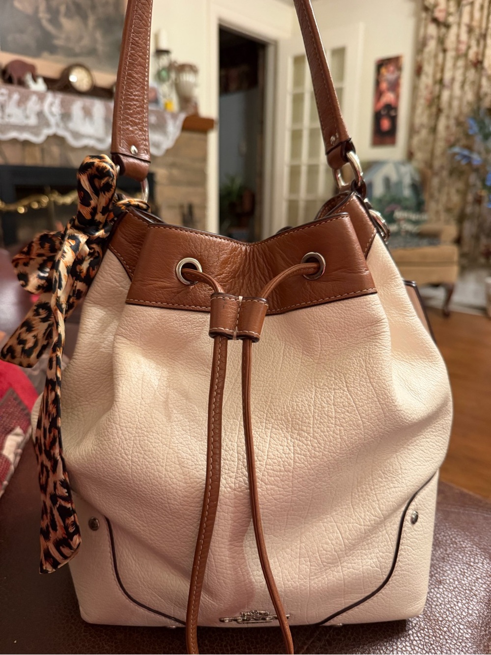 Coach Mickie Caulk and Brown Drawstring Bucket Bag